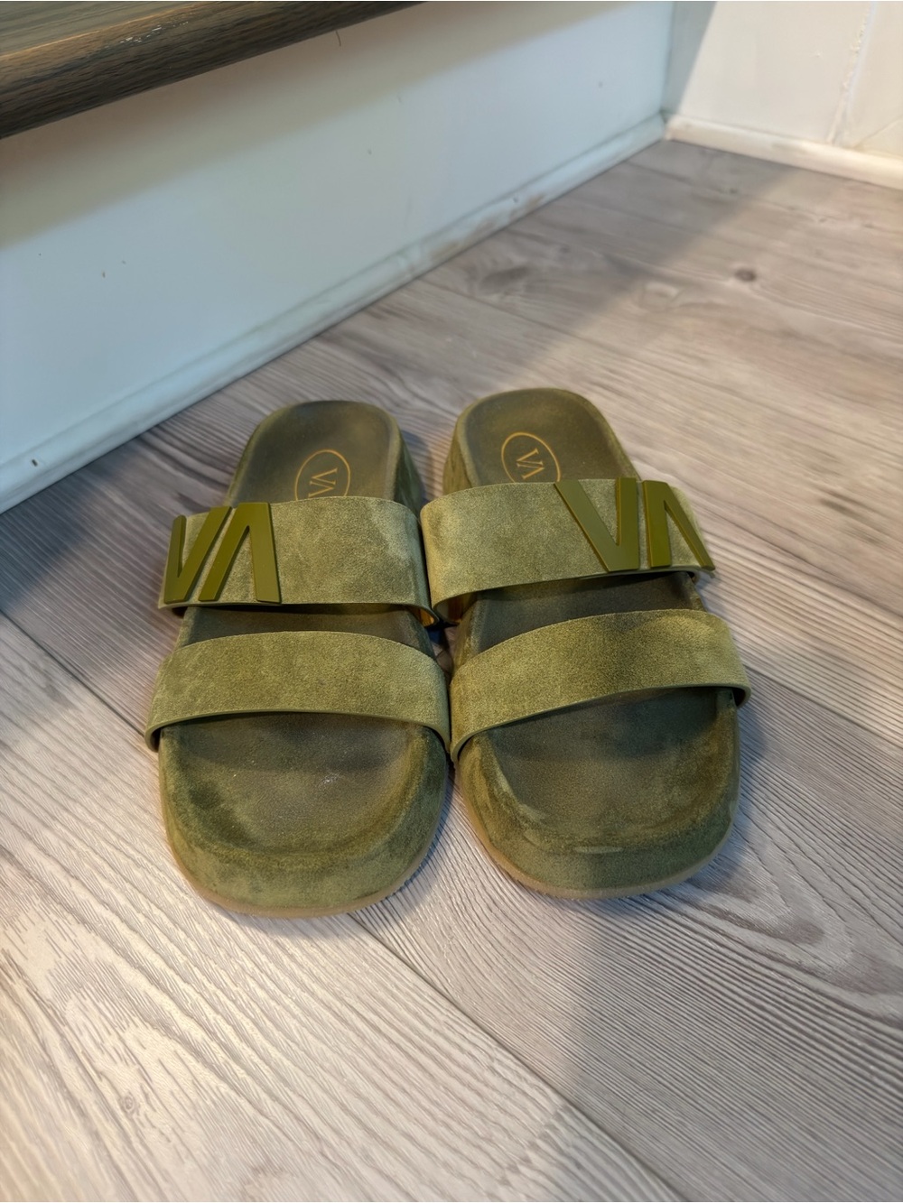 Olive Green suede Double-Strap Slide Sandals